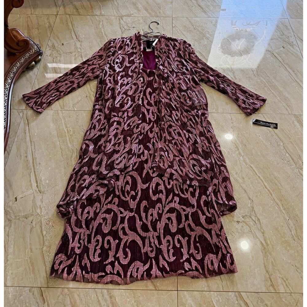 R&M Richards 2pc Dress & Jacket Set Burgundy/Pink Metallic Scroll Chiffon 12